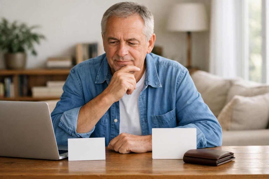 Personne debutante comparant calmement une option gratuite et une option payante sur un ordinateur