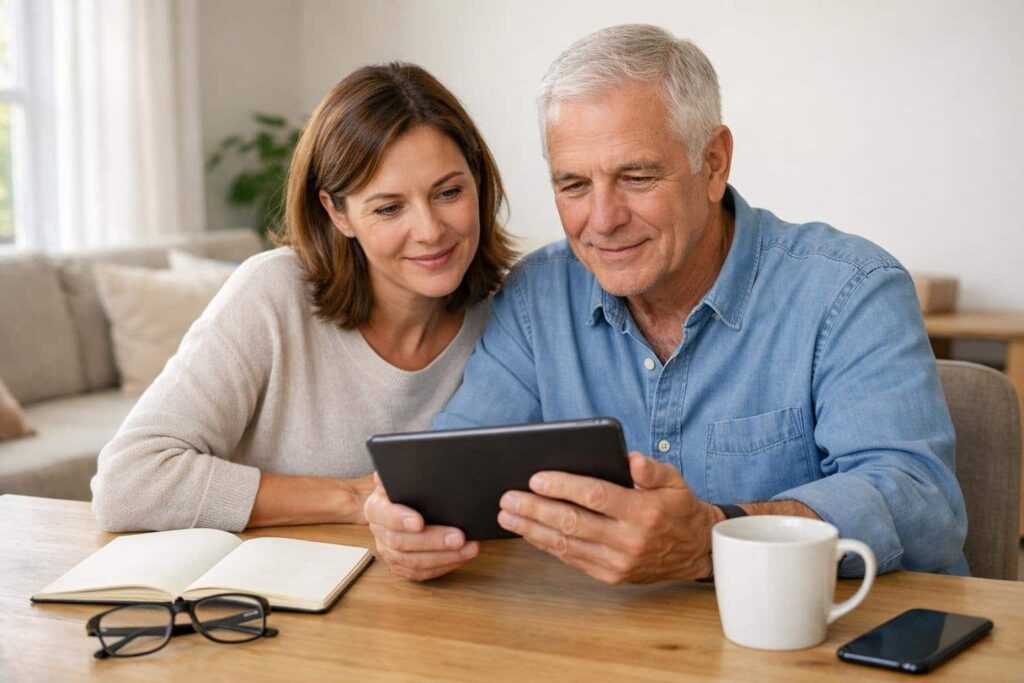 Deux adultes de générations différentes consultent une tablette dans un salon lumineux avec curiosité