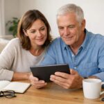 Deux adultes de générations différentes consultent une tablette dans un salon lumineux avec curiosité