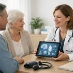 Médecin discutant avec deux patients autour d’un outil numérique dans un cabinet lumineux