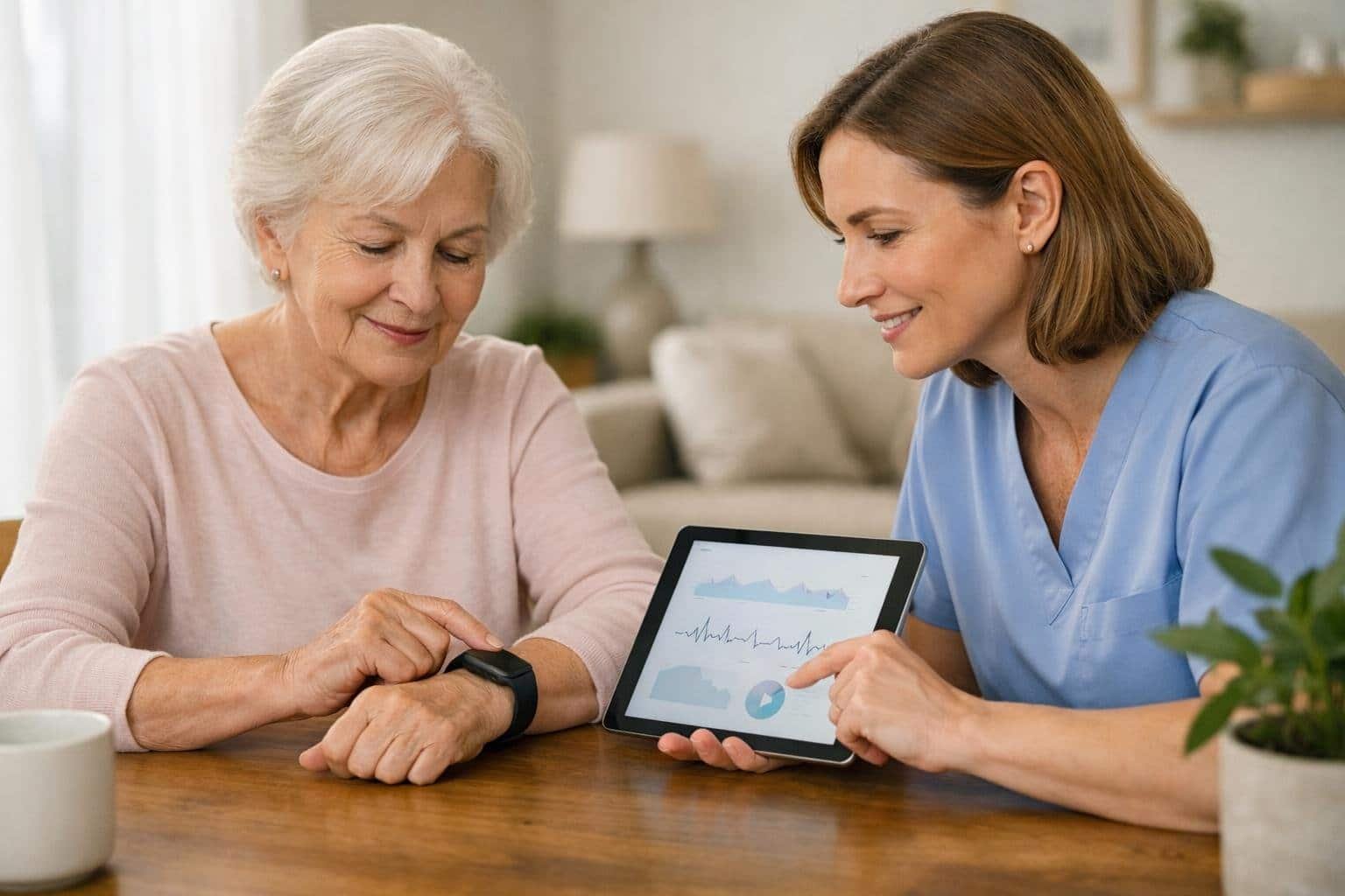 Femme senior à domicile utilisant un objet de santé connecté avec l’aide d’un proche style=