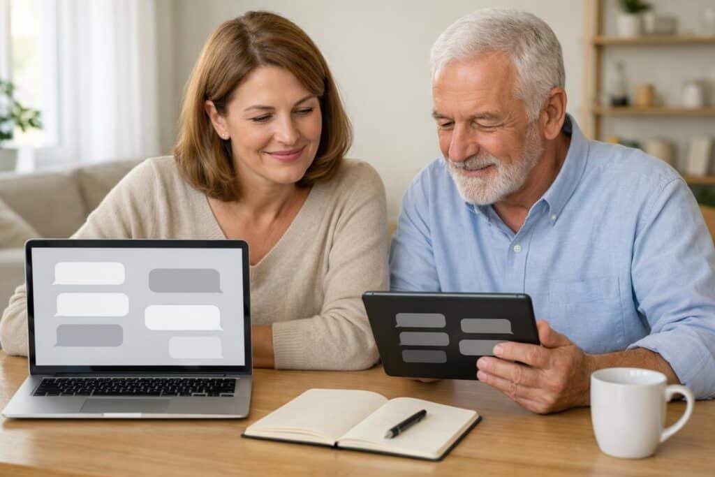 Deux adultes comparent calmement des assistants IA sur un ordinateur portable et une tablette dans un salon lumineux.