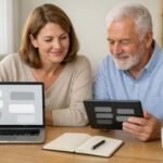 Deux adultes comparent calmement des assistants IA sur un ordinateur portable et une tablette dans un salon lumineux.