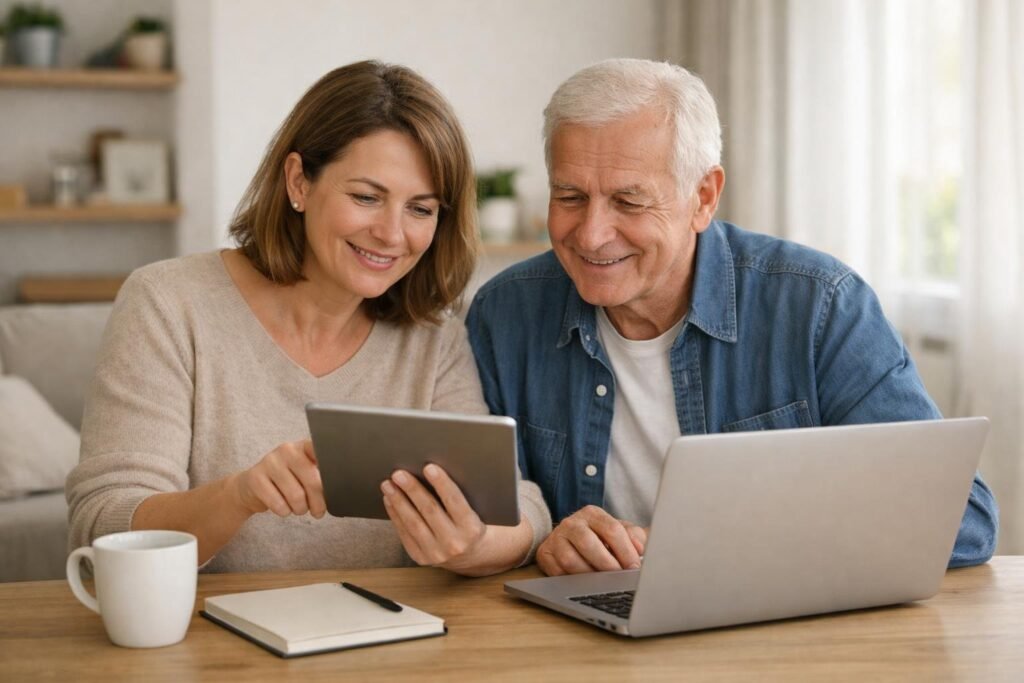 Deux adultes debutants utilisent une tablette pour decouvrir l intelligence artificielle chez eux