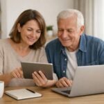 Deux adultes debutants utilisent une tablette pour decouvrir l intelligence artificielle chez eux