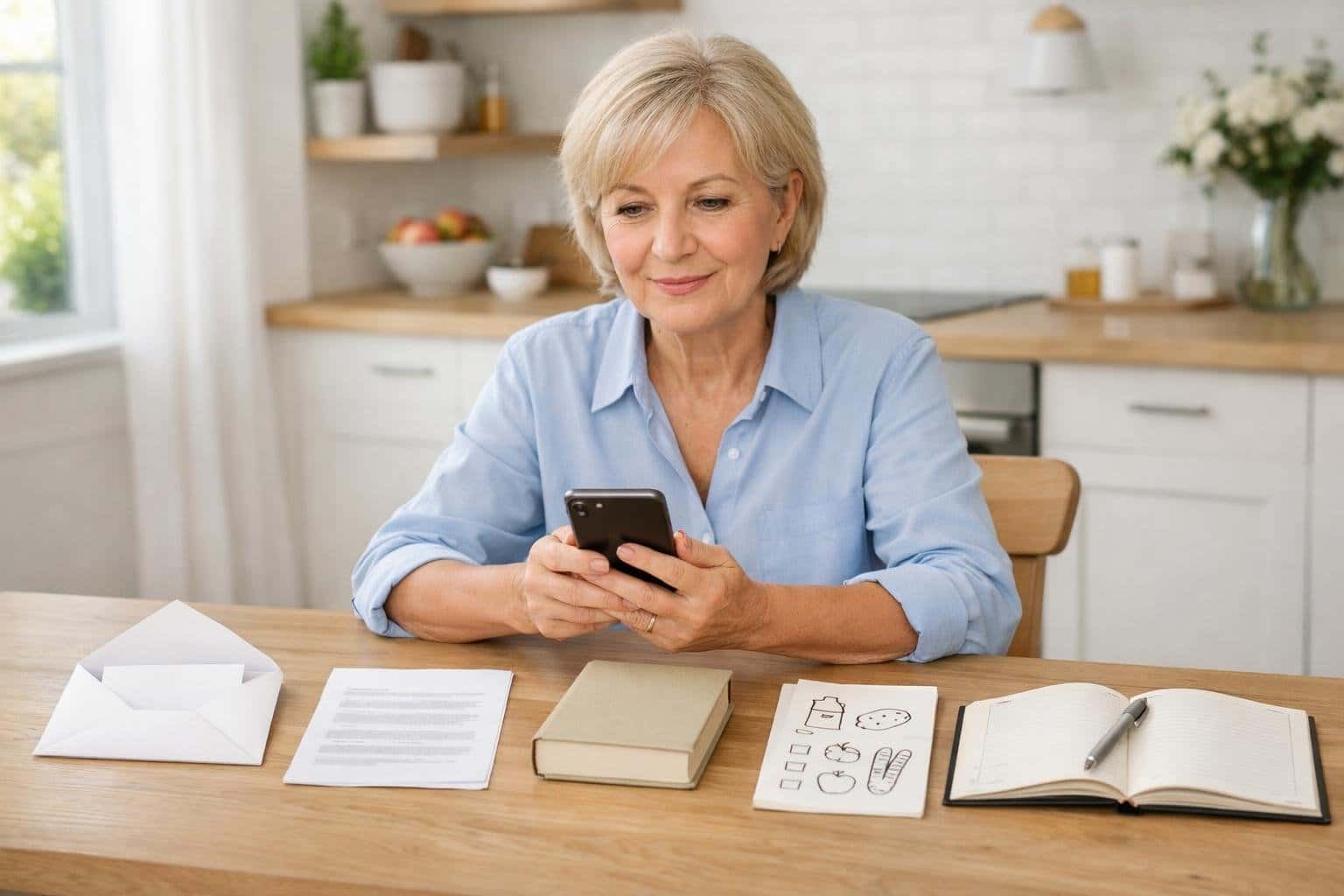Femme a table avec smartphone et objets du quotidien montrant cinq usages simples de l IA style=