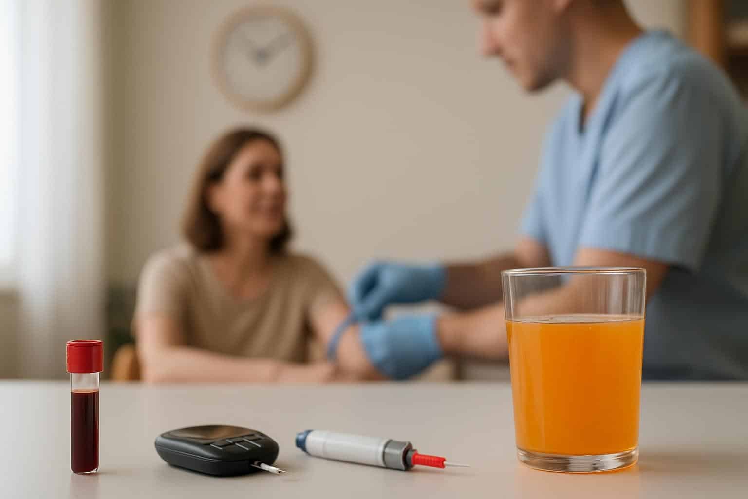 Patiente en laboratoire avec prise de sang et boisson sucrée pour comprendre les examens du glucose style=